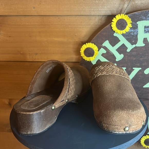 Sundance Suede Leather Mule Clog Wood Shoe Slip on Brown Braided Stud - Picture 3 of 7